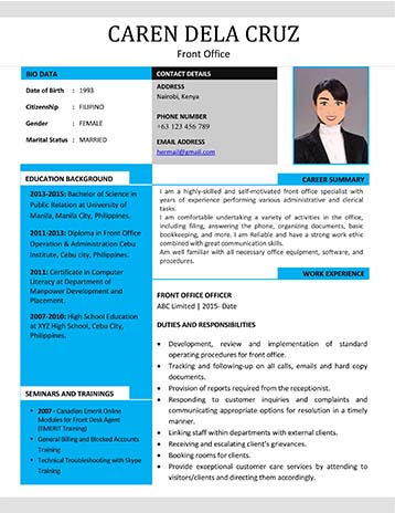 front office cv format and examples in kenya
